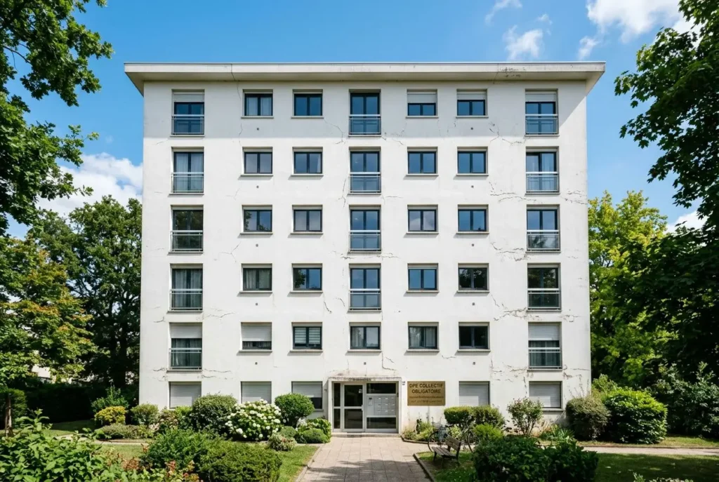 Immeuble en monopropriété blanc de 5 étages avec façade fissurée, entouré de verdure et d’un chemin menant à l’entrée, signale “DPE collectif” sur la porte. dpe immeuble monopropriété obligatoire