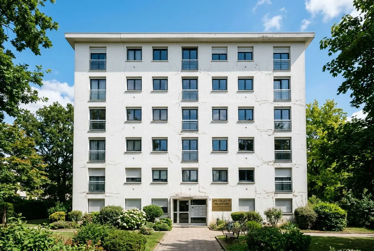 Immeuble en monopropriété blanc de 5 étages avec façade fissurée, entouré de verdure et d’un chemin menant à l’entrée, signale “DPE collectif” sur la porte. dpe immeuble monopropriété obligatoire