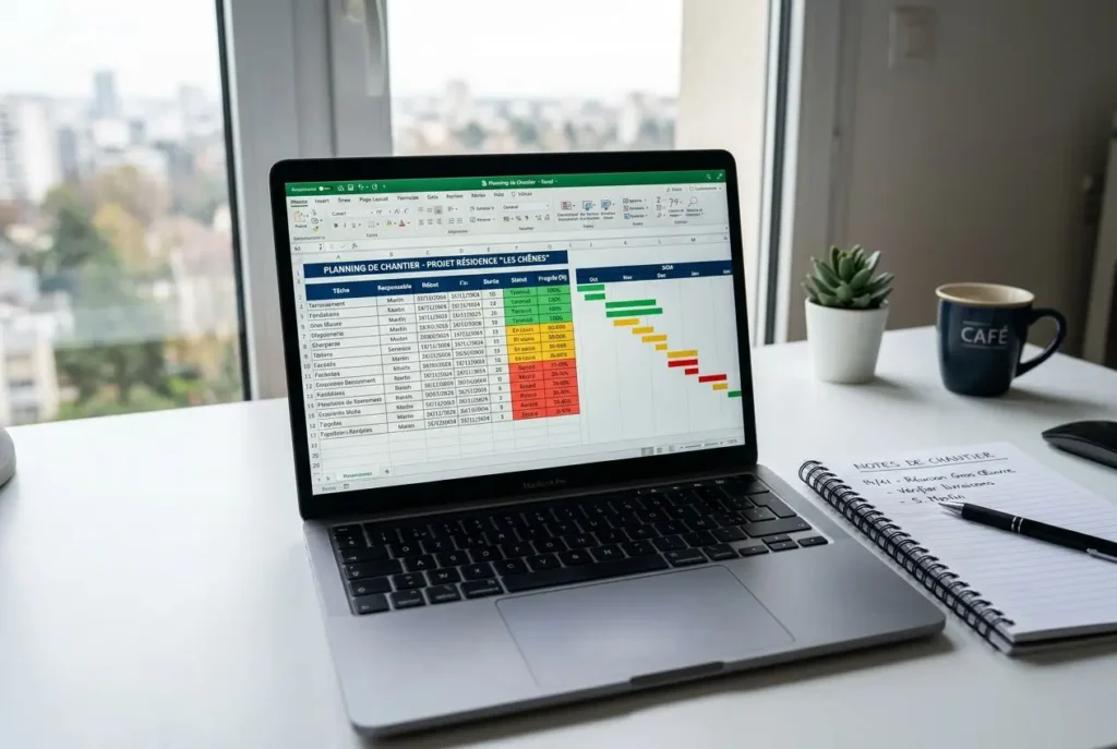 Ordinateur portable affichant un planning de chantier Excel avec un diagramme et un tableau coloré, sur un bureau près d’une fenêtre.