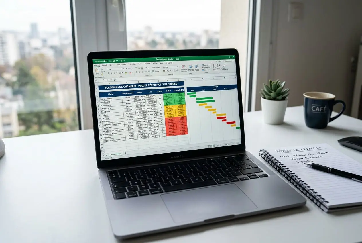 Ordinateur portable affichant un planning de chantier Excel avec un diagramme et un tableau coloré, sur un bureau près d’une fenêtre.
