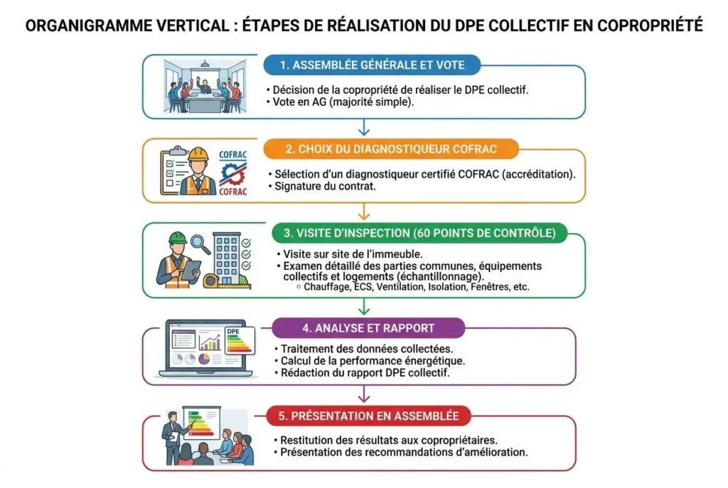 Organigramme vertical des étapes de réalisation du DPE collectif en copropriété: assemblée générale, choix du diagnostiqueur COFRAC, visite d’inspection, analyse et rapport, présentation en assemblée. DPE collectif rénovation immeuble copropriété.