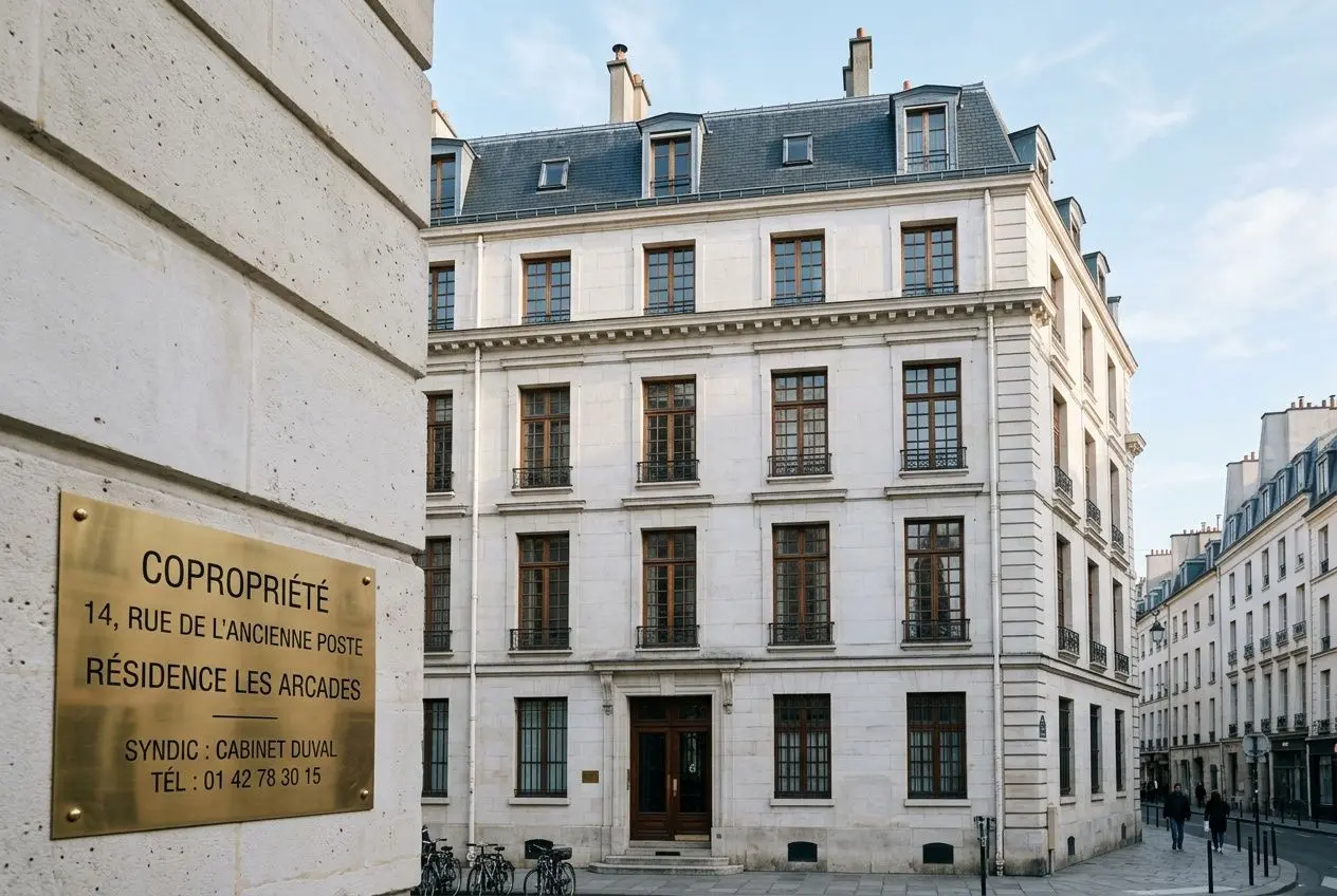 Panneau et façade d’un immeuble en pierre près d’une rue, bâtiment bijou typique parisien avec fenêtres alignées et porte centrale. dpe collectif rénovation immeuble copropriété