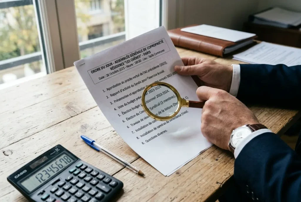 Personne examinant une convocation d’assemblée générale avec une loupe, à côté d’une calculatrice et d’un stylo sur un bureau en bois. Contestation ordre du jour assemblée générale évoquée.