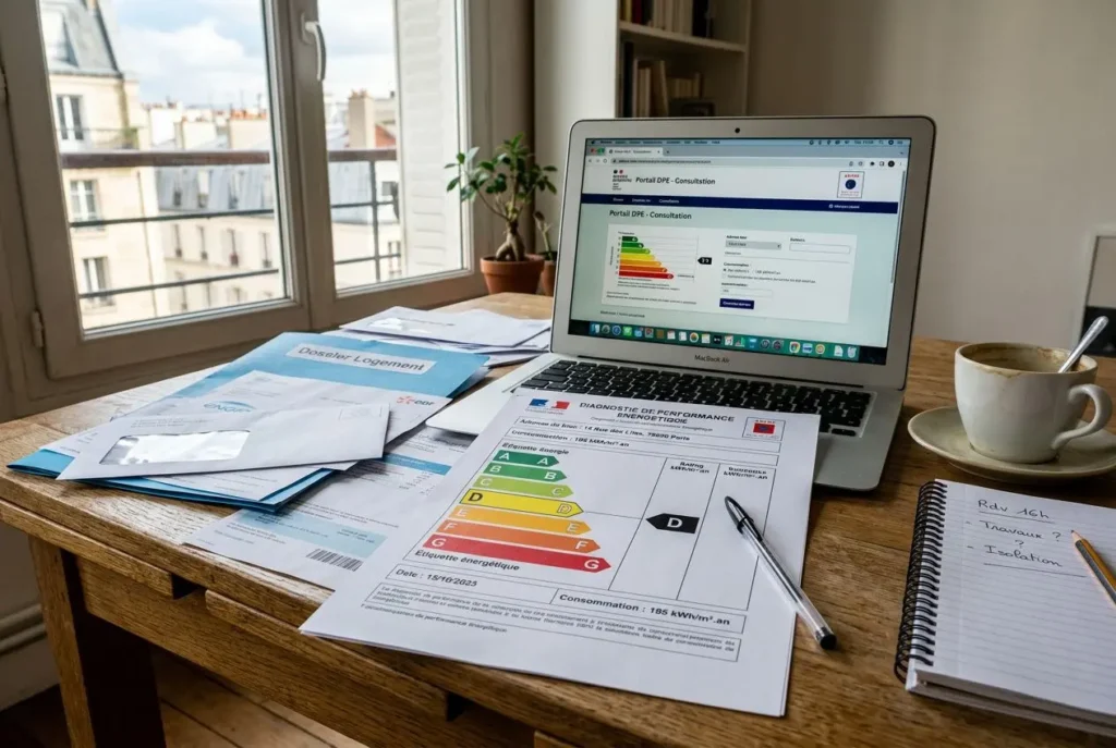 Personne travaillant sur un bureau avec des documents DPE colorés, un ordinateur portable affichant une page DPE et des notes, près d’une tasse de café et d’une plante. Améliorer son DPE sans faire de travaux se lit naturellement dans la description.