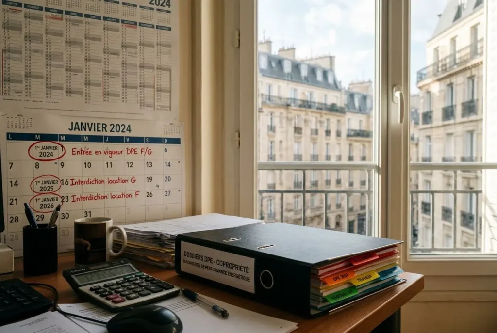 Plan de travail de copropriété avec classeurs et calendrier mentionnant DPE/G. Vue intérieure près d’une fenêtre, affichage d’un agenda 2024 et documents sur le sujet DPE collectif durée de validité.