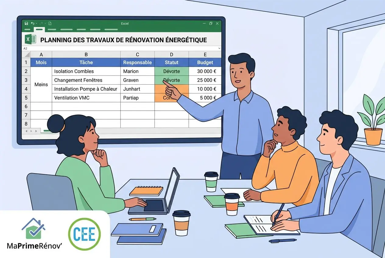 Planification des travaux en équipe autour d’un planning excel affiché sur un écran, avec des colonnes Tâche, Responsable et Budget, illustration pédagogique.