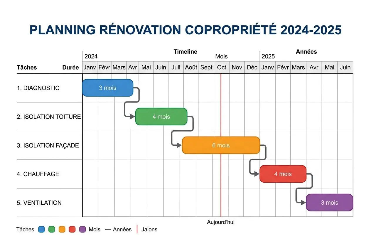 Planning travaux excel: diagramme de planning de chantier montrant les tâches, durées en mois et jalons sur une timeline 2024-2025.