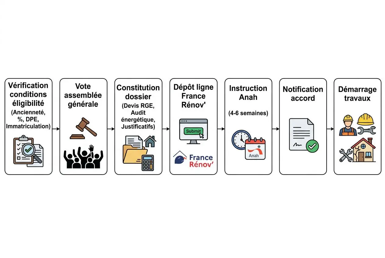 Processus Anah copropriété dégradée: vérification d’éligibilité, assemblée générale, constitution du dossier, dépôt France Rénov’, instruction Anah, notification et démarrage des travaux.