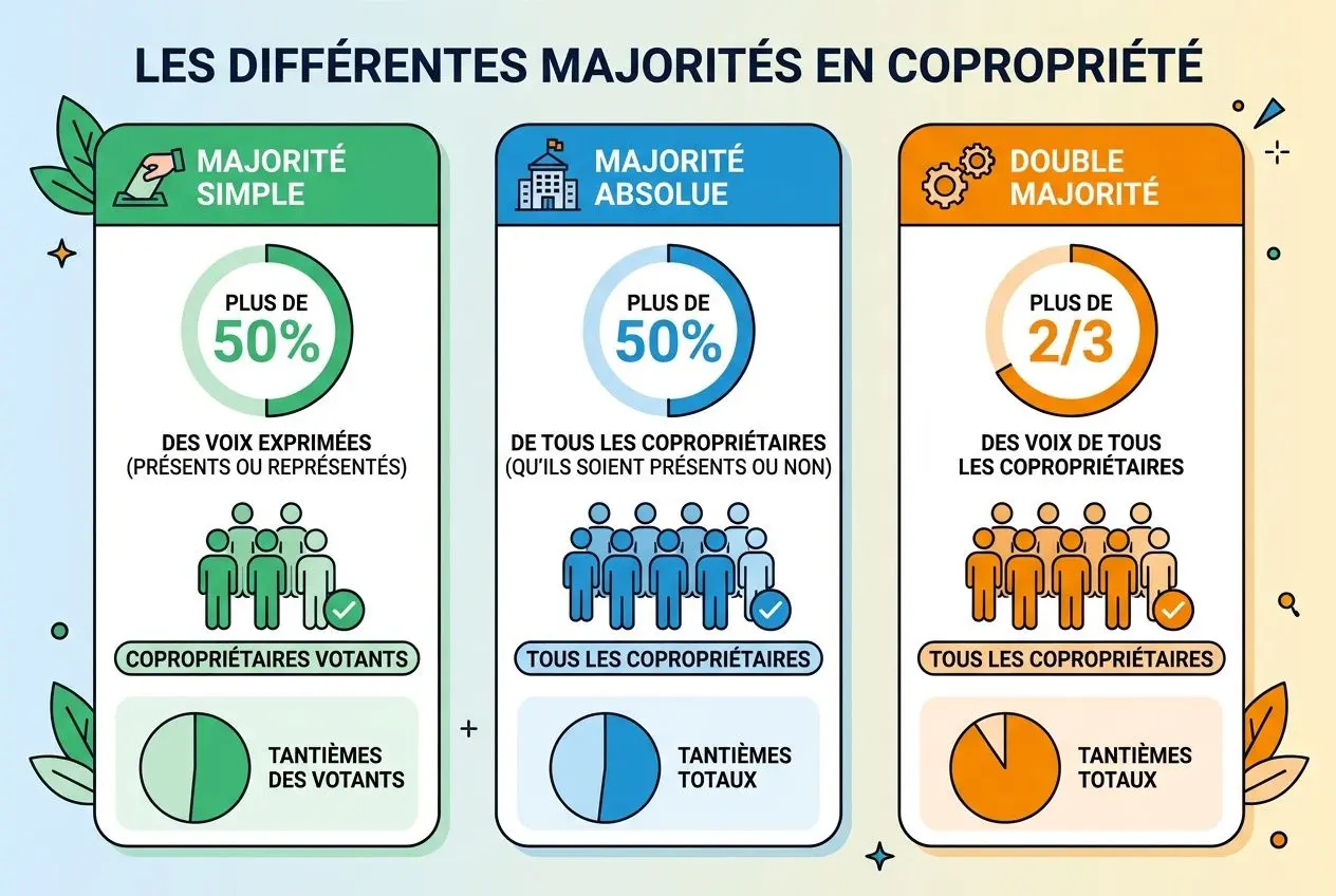 Quorum assemblée générale copropriété vote : illustration des majorités simples, absolues et à double majorité avec pictos des copropriétaires votants et des tantièmes.