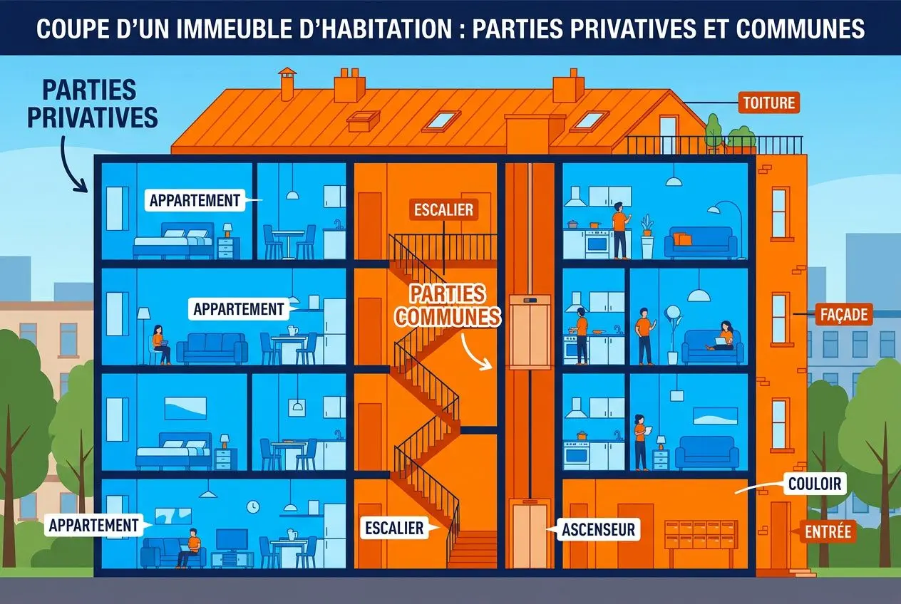 Schéma d’un immeuble d’habitation en copropriété montrant les parties privées et les parties communes (ascenseur, escalier, entrée, toitures) et les locaux des appartements. Travaux obligatoires copropriété illustrés par les zones communes à entretenir.