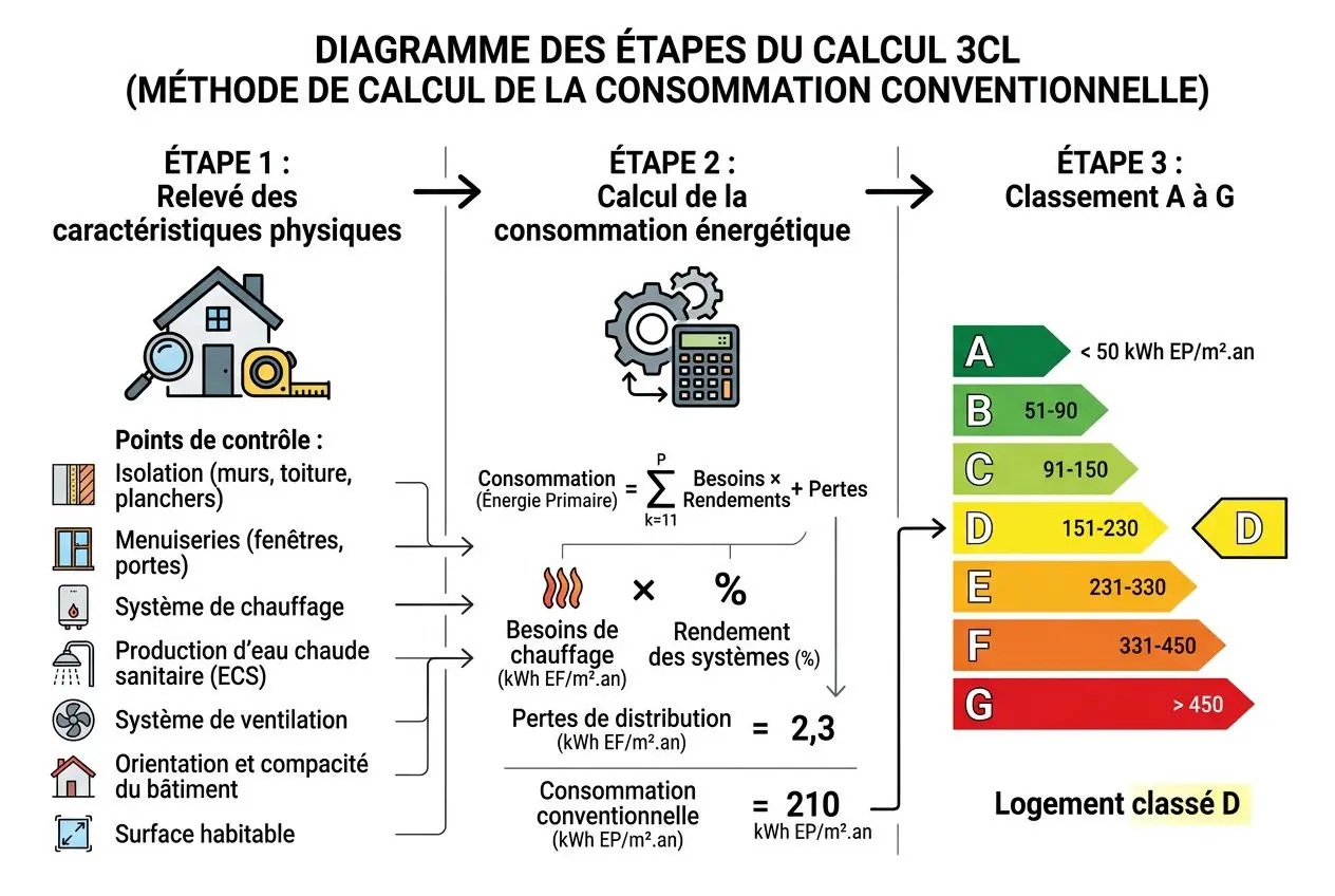 Schéma explicatif du calcul 3CL avec étapes: relevé des caractéristiques, consommation énergétique et classement D à G, montrant le logement classé D.