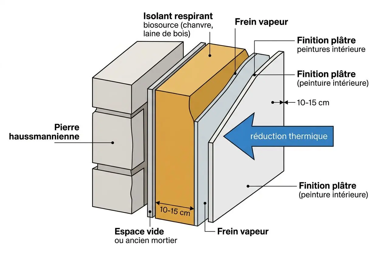 Schéma montrant une isolation thermique d’un mur d’appartement haussmannien avec pierre et espace vide, plaque intérieure et finitions, réduction thermique et arrêt du vide entre murs.