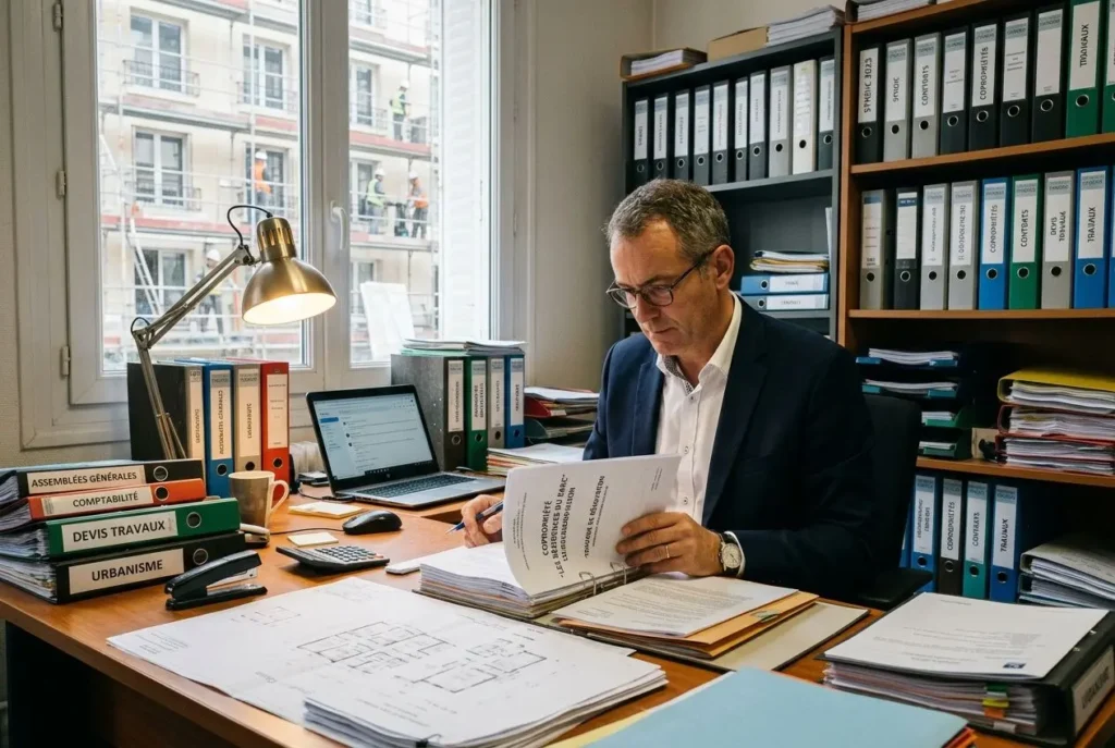 Syndic examinant les dossiers de travaux