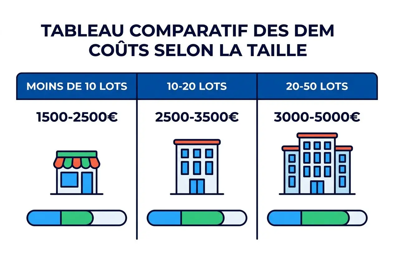 Tableau sur les coûts des DÉM selon la taille de copropriété, ici « moins de 50 lots » avec illustration de petit immeuble et progression visuelle des coûts. PPT copropriété moins de 50 lots.