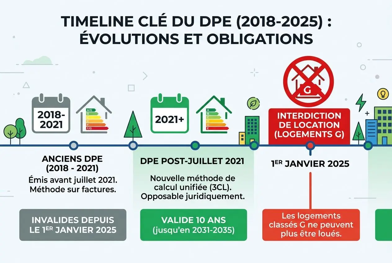 Tableau dpe 2025 : illustration d’un timeline énergétique montrant l’évolution des classes A à G et l’interdiction de location pour les logements classés G.