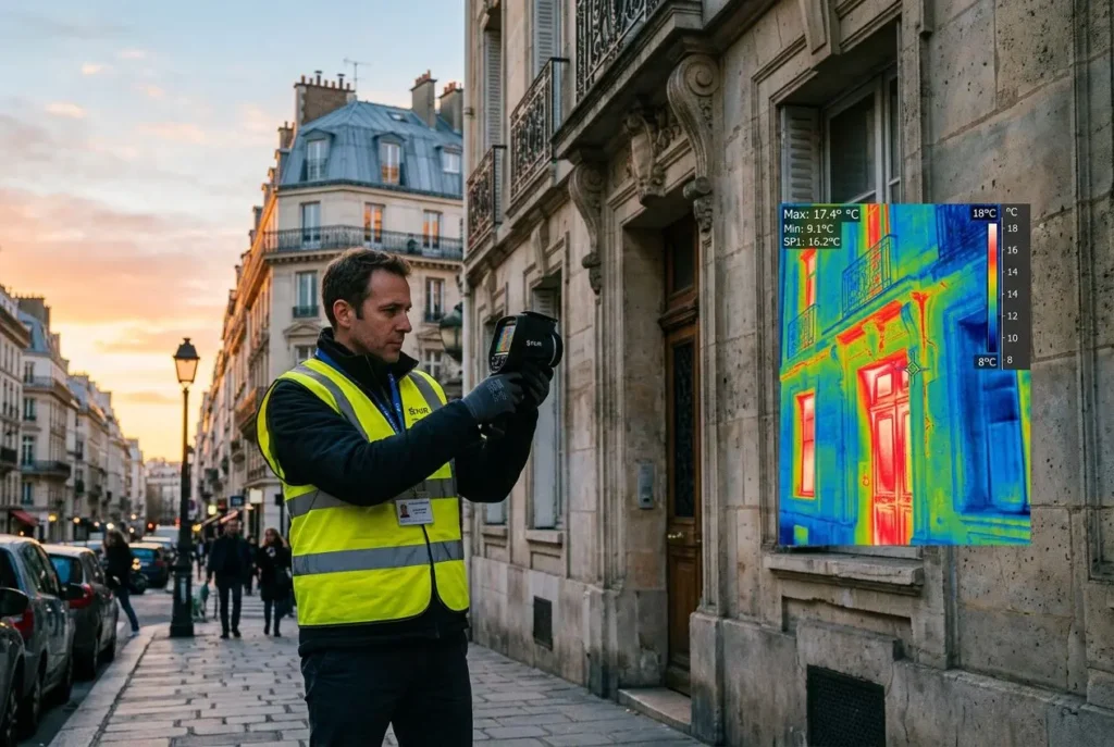 Technicien en gilet jaune mesurant avec un thermomètre infrarouge devant une façade, affichage thermique montrant l’isolation et les pertes d’énergie d’un appartement ancien. Améliorer dpe appartement ancien.
