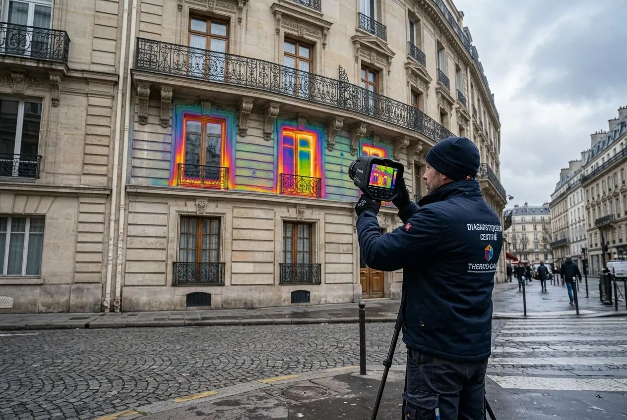 Technicien utilisant une caméra thermique sur une façade d’immeuble parisien, mesurant l’isolation des fenêtres colorées. Comment améliorer son dpe en copropriété.