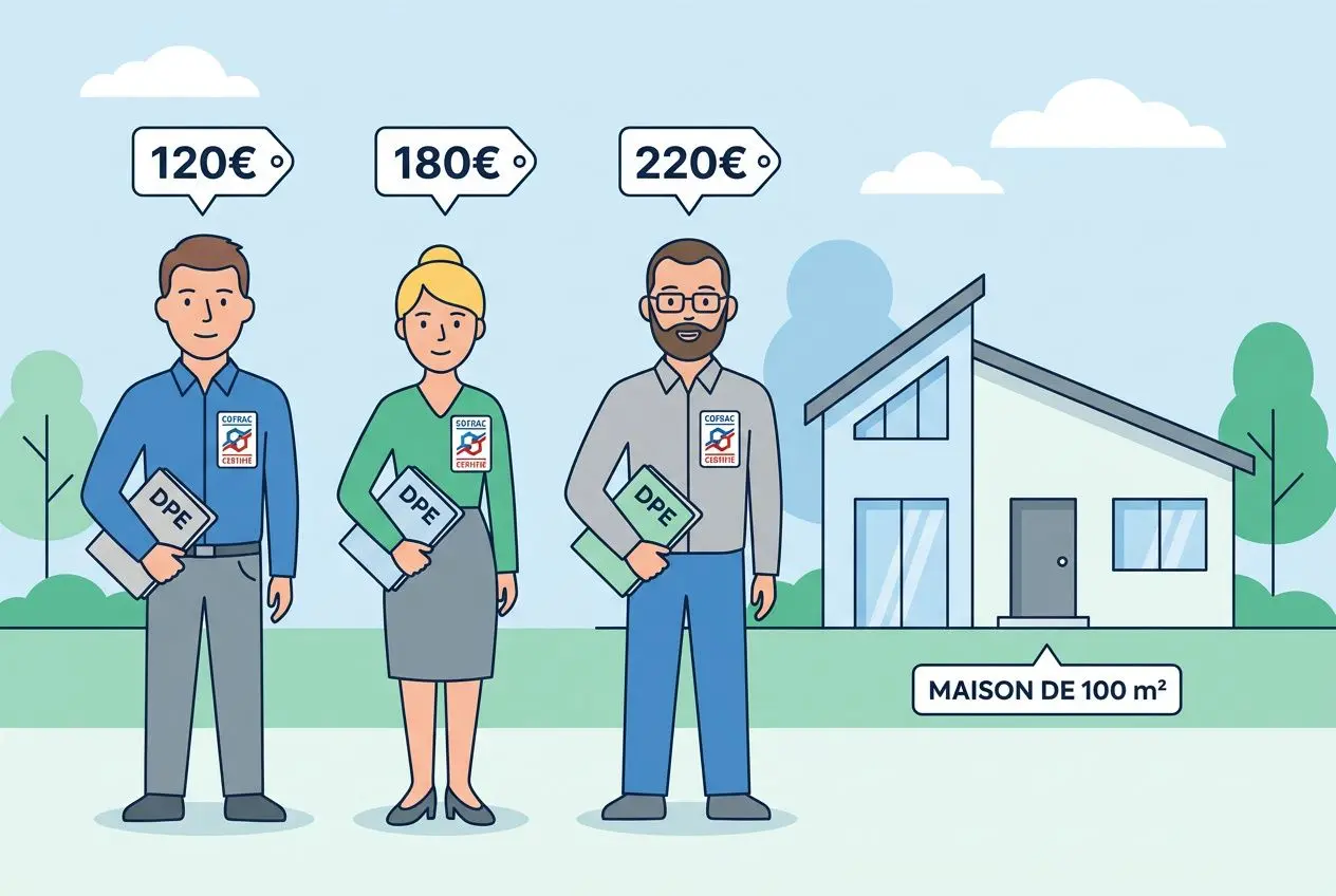 Trois inspecteurs DPE devant une maison de 100 m², chacun tenant un dossier DPE et une bulle de coût (120€, 180€, 220€).