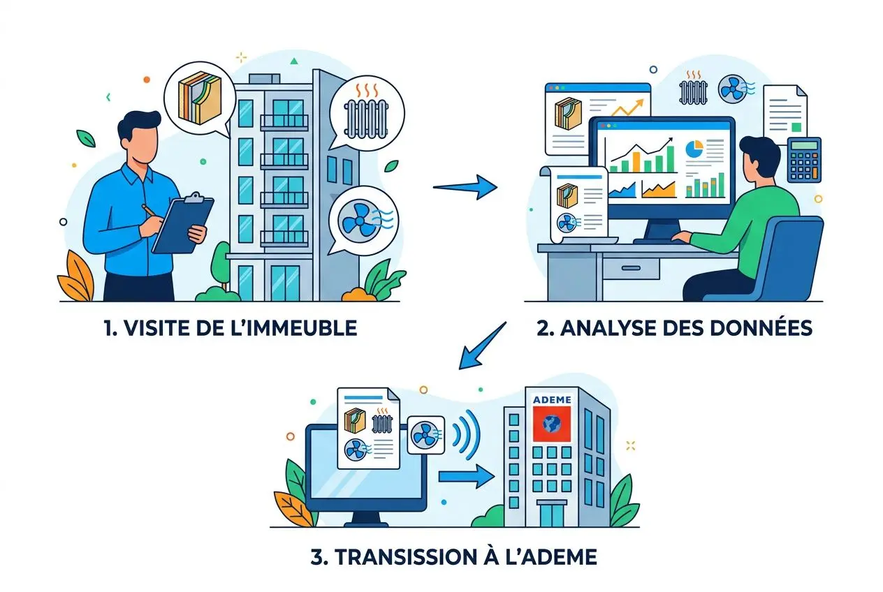 Visite de l’immeuble, analyse des données et transmission à l’Ademe pour le DPE immeuble monopropriété obligatoire depuis 2026.