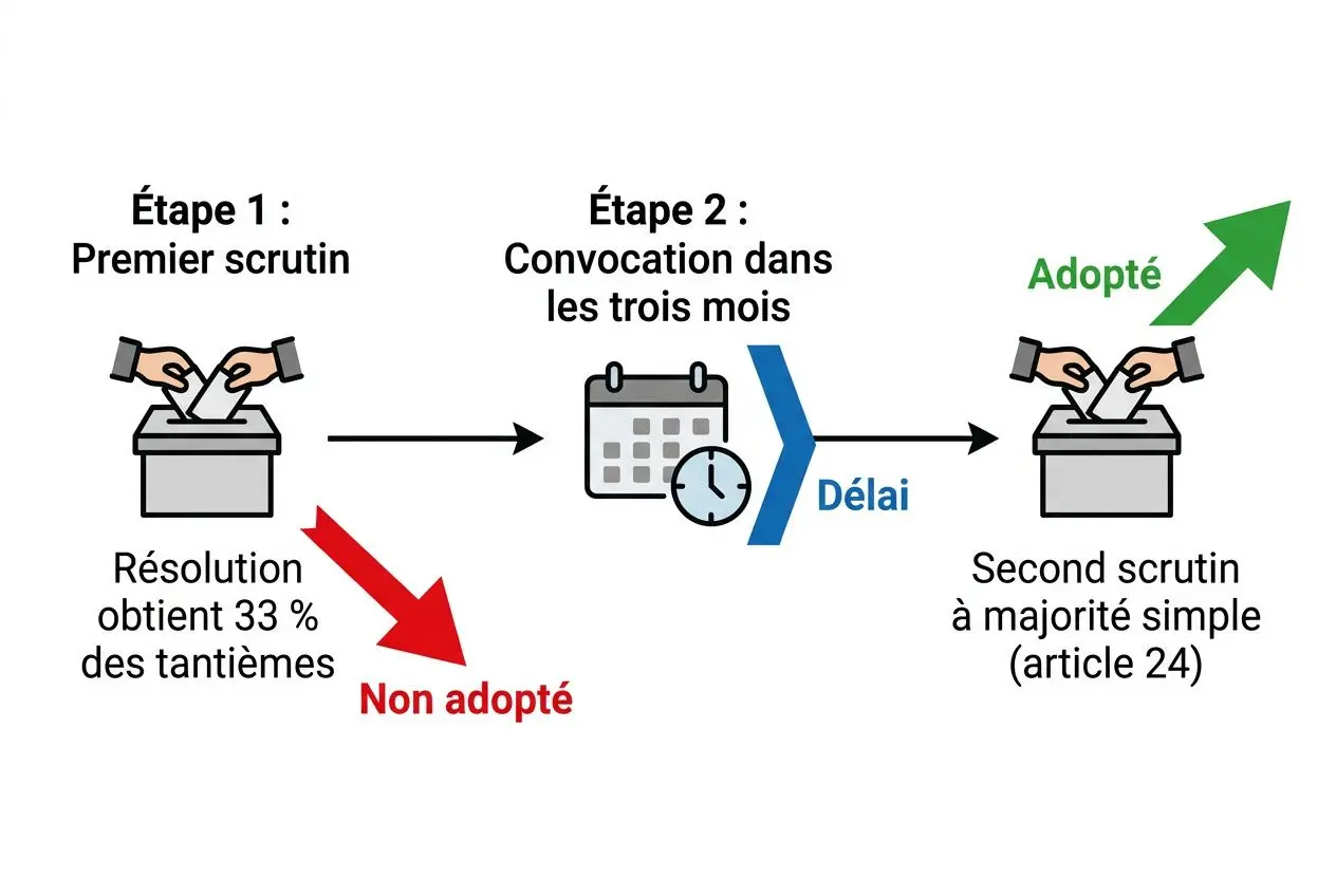 Vote travaux copropriété: diagramme montrant les étapes d’un scrutin en assemblée générale, avec première scrutine, convocation et délai, majorité simple et adoption finale.