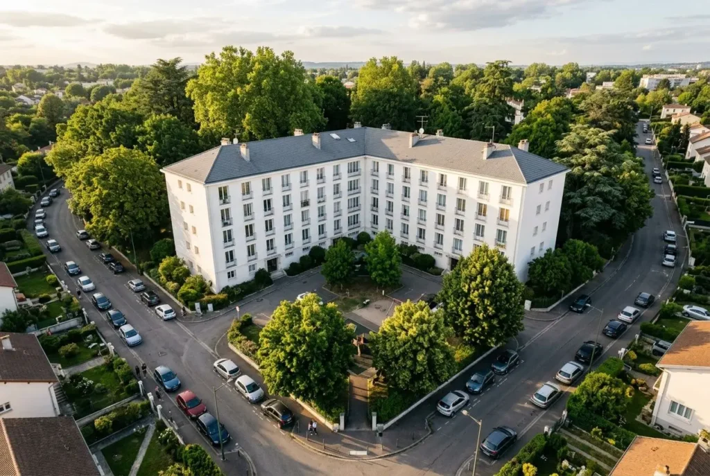 Vue aérienne d'une copropriété en L autour d'une voie circulaire, entourée d'arbres et de rues résidentielles, with a grand bâtiment blanc. Oops: need integrate keyword "ppt copropriété moins de 50 lots" naturally. Let's craft: "Vue aérienne d'une copropriété en L, bâtiments blancs entourés d'arbres; idéal pour le ppt copropriété moins de 50 lots et le plan pluriannuel de travaux." Ensure length 50-125 chars. Let's produce: "Vue aérienne d'une copropriété en L entourée d'arbres, montrant le bâtiment blanc; contexte ppt copropriété moins de 50 lots et plan pluriannuel de travaux." Count: maybe long. Let's finalize concise: "Vue aérienne d'une copropriété en L entourée d'arbres, bâtiment blanc, illustration pour ppt copropriété moins de 50 lots et plan pluriannuel de travaux." Ensure French correctness. Vue aérienne d'une copropriété en L entourée d'arbres et d'un bâtiment blanc, illustration pour ppt copropriété moins de 50 lots et plan pluriannuel de travaux.