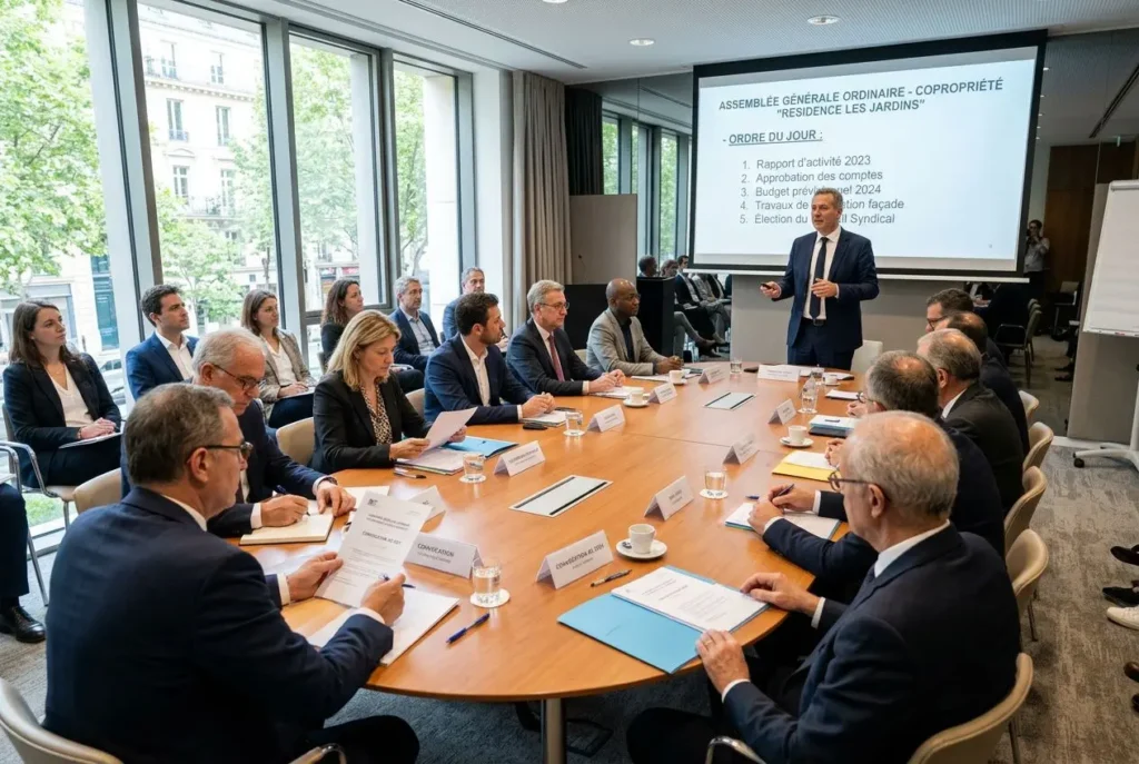 Assemblée générale en copropriété avec présentation sur_vote travaux rénovation assemblée générale et participants en discussion autour d'une grande table.