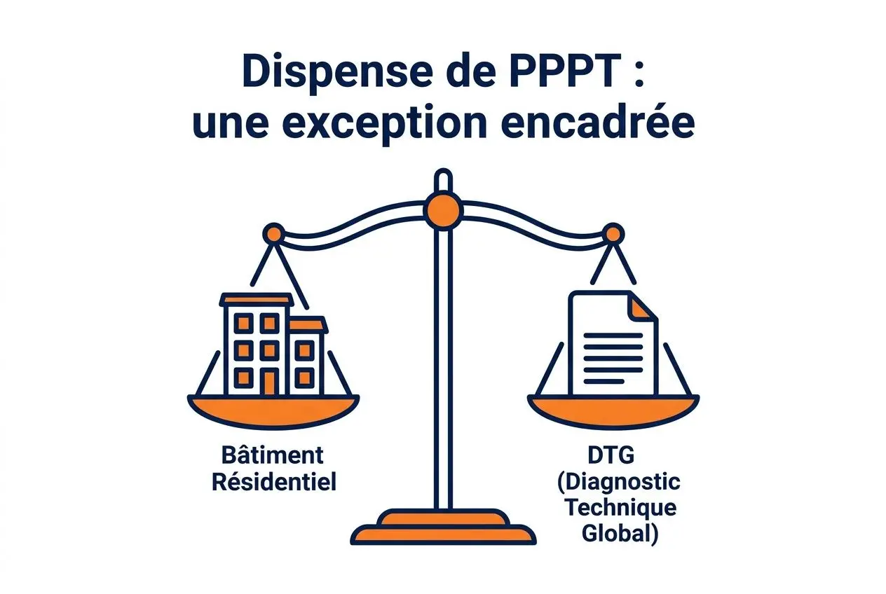 Dispense de PPPT : une exception encadrée, balance entre bâtiment résidentiel et DTG (Diagnostic Technique Global) sur une balance.