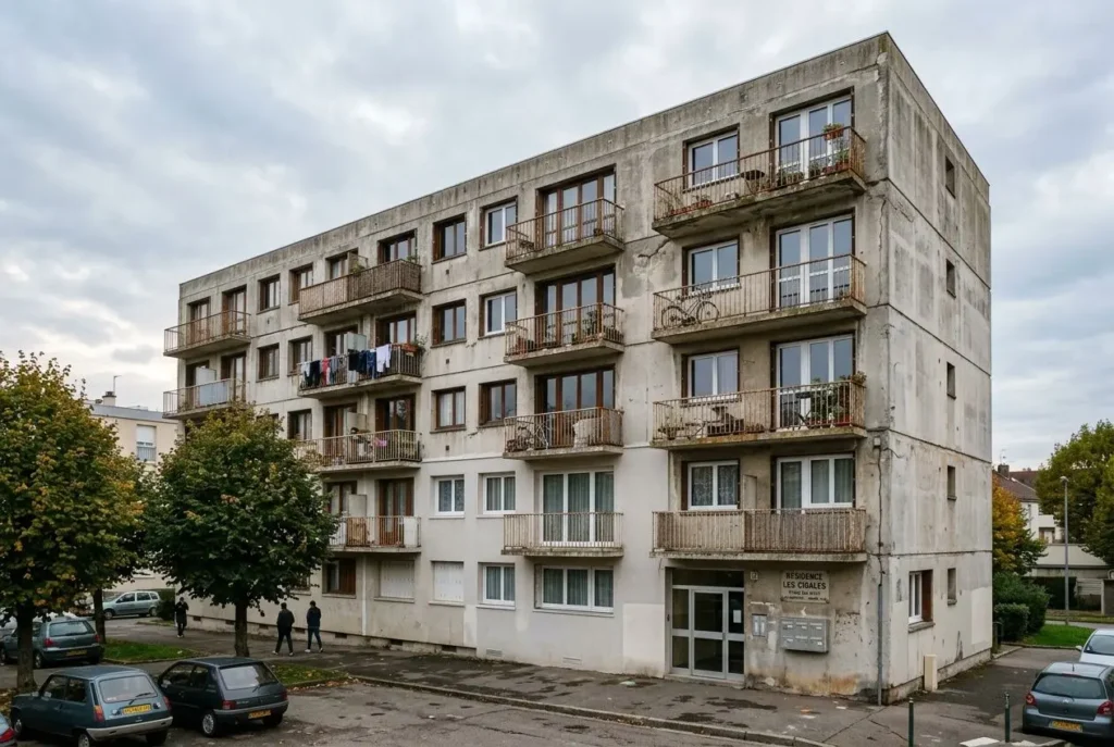 Façade d’immeuble en copropriété avec balcons, parking et arbres autour; bâtiment en béton gris, porte d’entrée et noms d’immeuble visibles. Propose alt intégrant le mot-clé: projet de plan pluriannuel de travaux est-il obligatoire.
