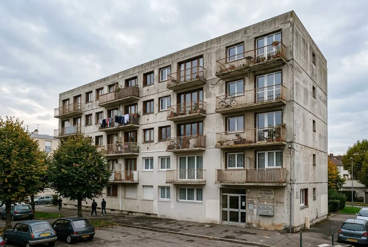 Façade d’immeuble en copropriété avec balcons, parking et arbres autour; bâtiment en béton gris, porte d’entrée et noms d’immeuble visibles. Propose alt intégrant le mot-clé: projet de plan pluriannuel de travaux est-il obligatoire.