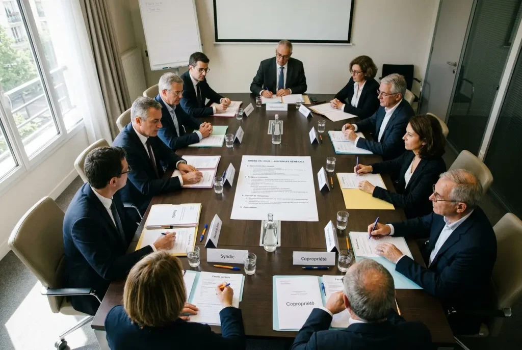 Réunion d’administration autour d’une table, avec affiches et documents sur l’ordre du jour assemblée générale annuelle copropriété.