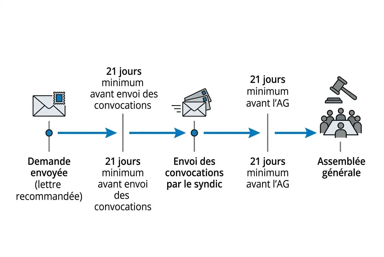 Schéma illustrant l’envoi de la demande et les étapes jusqu’à l’assemblée générale: demande envoyée, délais, envoi des convocations par le syndic et rassemblement des copropriétaires. Intègre: ordre du jour assemblée générale annuelle copropriété.
