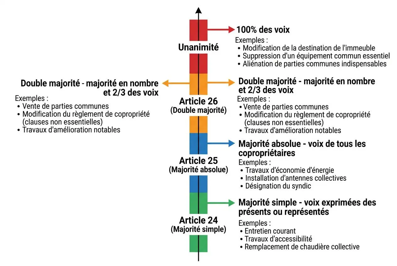 Schéma illustrant les règles de vote en copropriété: majorités (article 25, 24, 26) et types de votes (unicité, double majorité, majorité absolue, simple) avec exemples et chemins de vote. intégré le mot-clé: comment voter à une assemblée générale de copropriété.