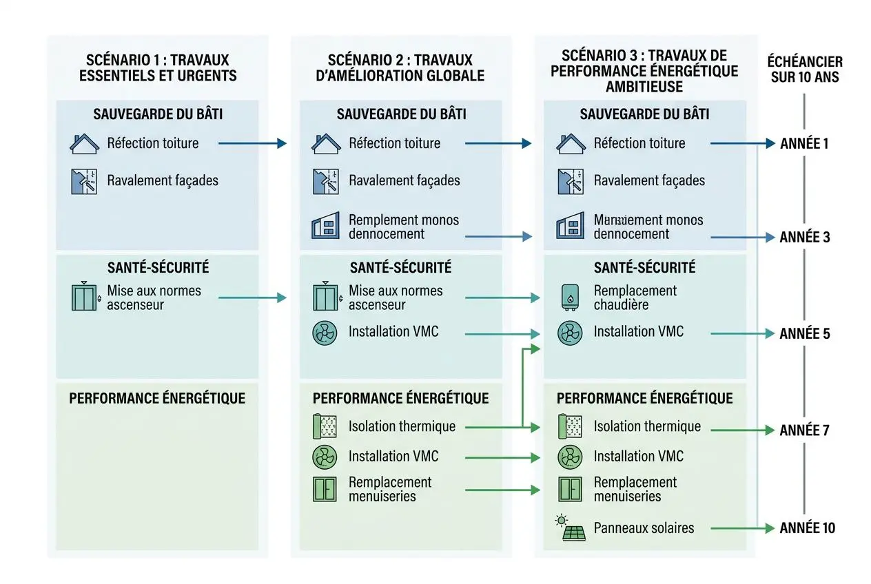 Schéma des scénarios de travaux en copropriété montrant les catégories Sauvegarde du bâti, Santé-Sécurité et Performance énergétique avec des étapes sur 10 ans et les années correspondantes. Inclut réfection toiture, ravalement façades, isolation thermique, remplacement menuiseries et panneaux solaires. Proposant aussi l’idée d’un plan pluriannuel de travaux est-il obligatoire.