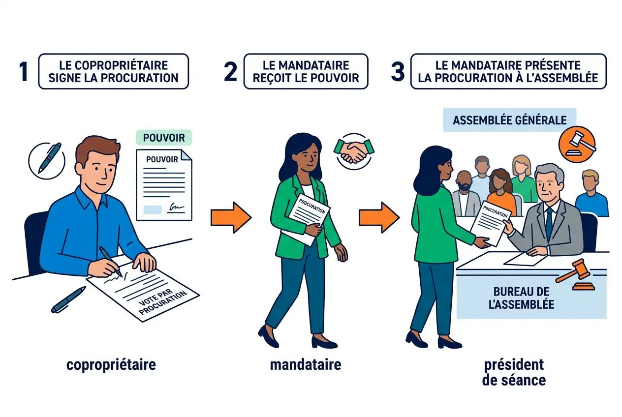 Trois étapes: copropriétaire signe la procuration, mandataire la reçoit, puis le mandataire présente la procuration à l’assemblée générale des copropriétaires.