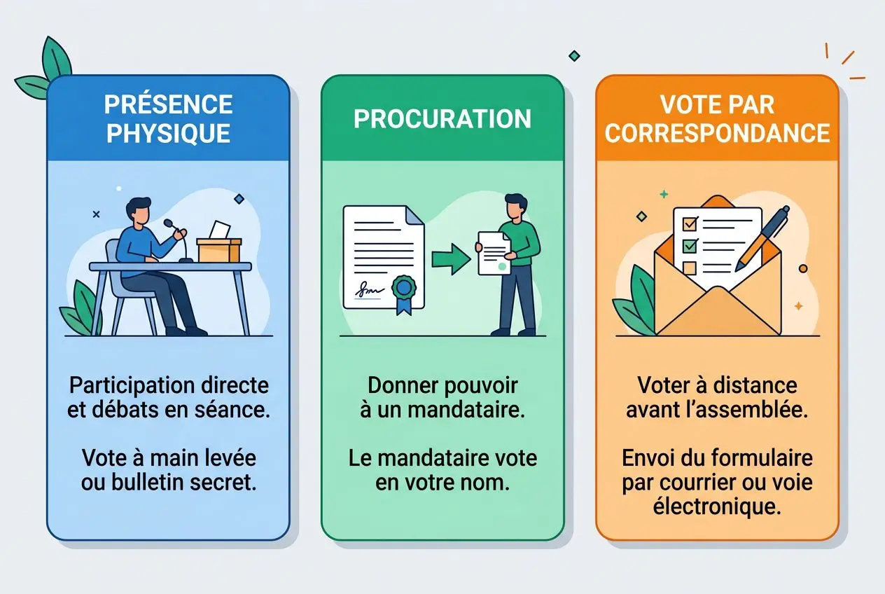Trois panneaux illustrant les modes de vote: présence physique, procuration et vote par correspondance, avec texte et symboles associés.