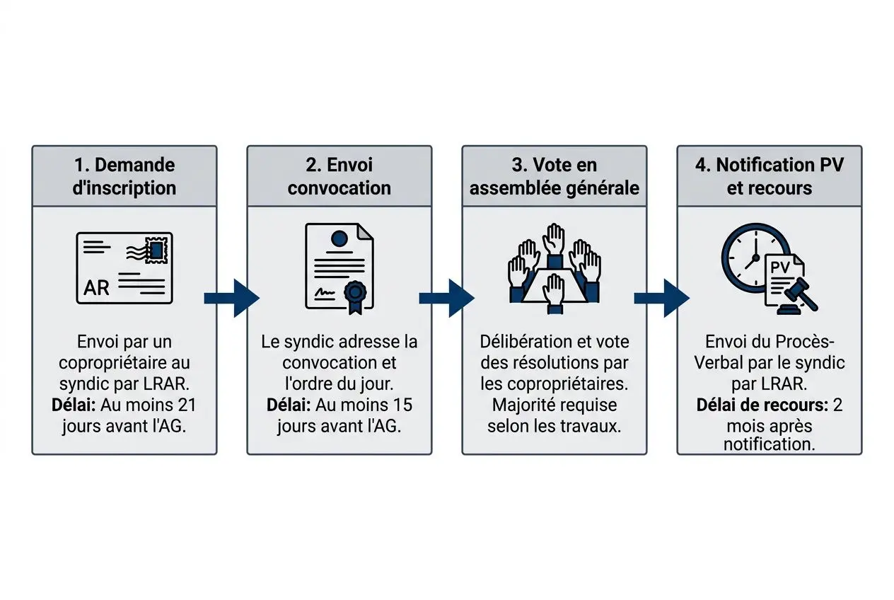 Vote travaux rénovation assemblée générale : schéma illustrant les étapes d’inscription, convocation, vote en AG et notification du PV.