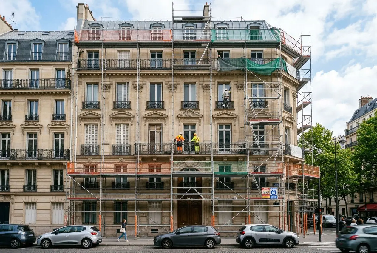 Assemblée générale d’un immeuble en travaux, échafaudages sur façade et ouvriers en sécurité. Plan travaux syndic ou le voter (plan pluriannuel) en AG attendu.