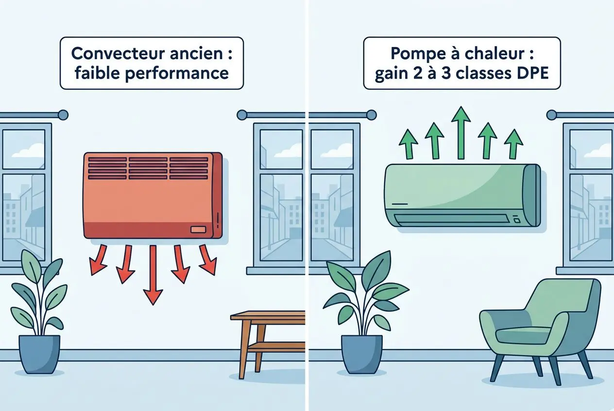 Convector ancien montrant faible performance à gauche; pompe à chaleur affichant gain 2 à 3 classes DPE à droite dans un salon lumineux. Note: Intègre le mot-clé "comment passer de e à d dpe appartement" de manière fluide si possible, mais ici l'image ne montre pas le processus écrit; description centrée sur le visuel.