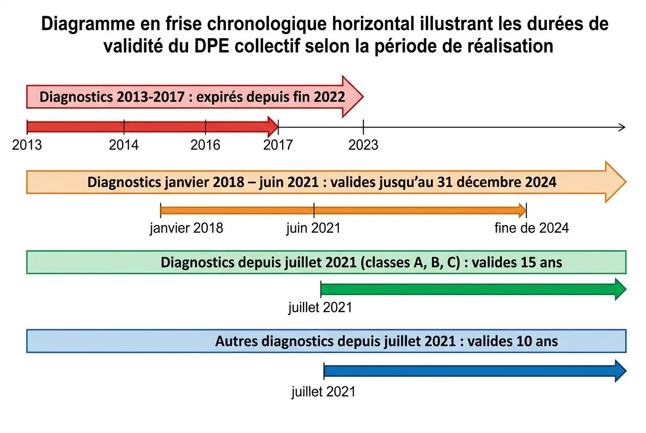 Diagramme en frise montrant les durées de validité du DPE collectif selon périodes de réalisation pour une copropriété, avec jalons 2013-2024 et plusieurs catégories. Inclut l’obligation lors de vente et les différentes périodes de validité. DPE immeuble monopropriété vente.