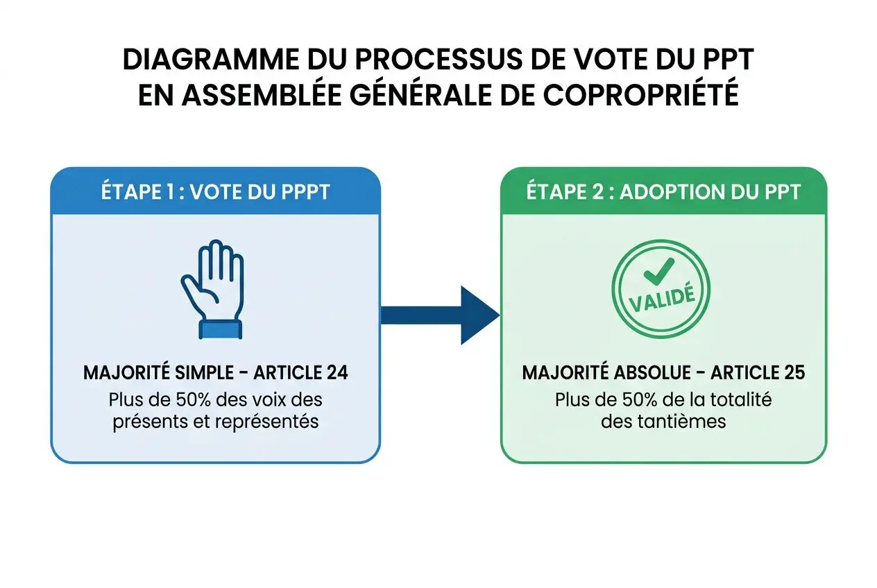 Diagramme du processus de vote du PPT en assemblée générale de copropriété, étape 1: vote du PPPT, étape 2: adoption du PPT, avec icône de main levée et sceau validé. intégré plan travaux syndic ou le voter.