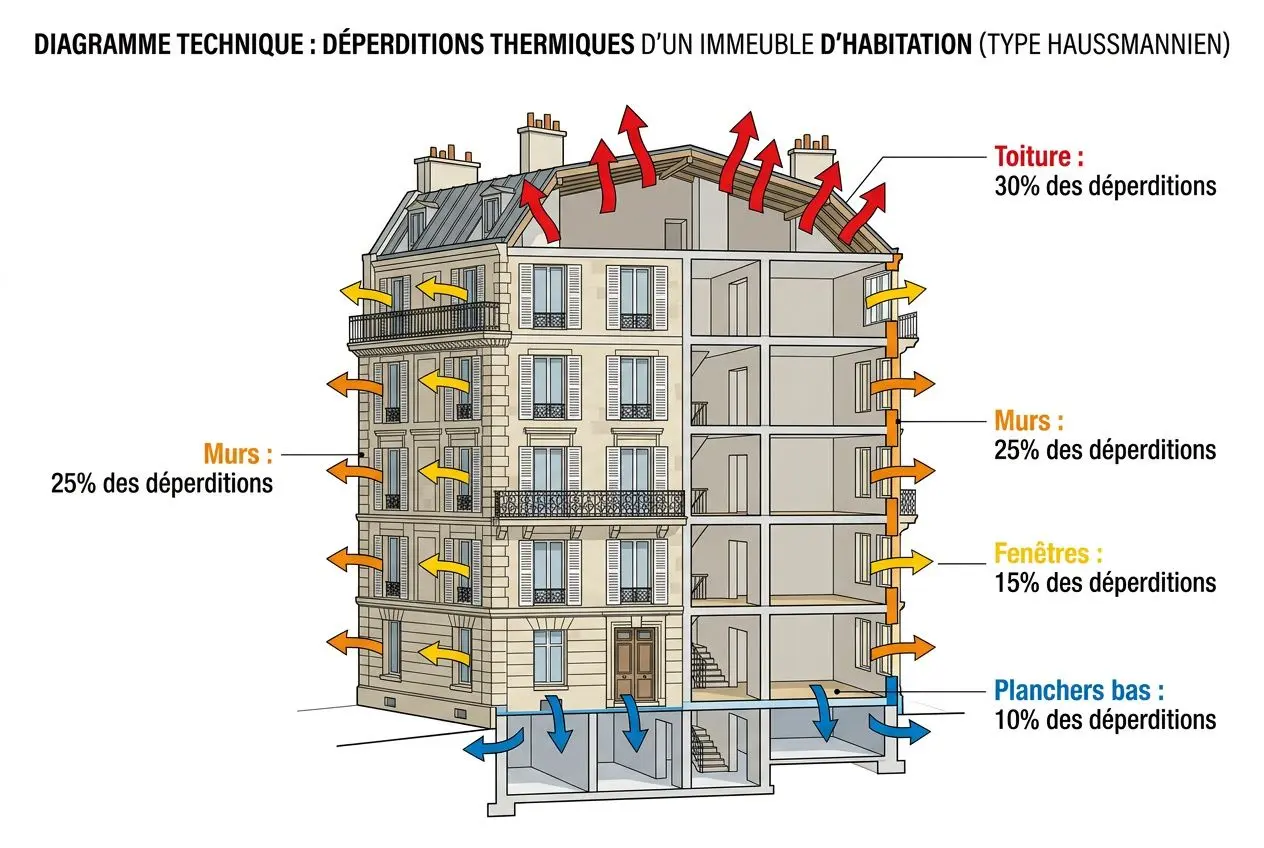 Diagramme technique montrant les pertes thermiques d’un immeuble d’habitation (type Hausmannien) avec flèches rouges en toiture, jaunes sur les murs, bleues dans les sous-sols et flèches orange sur les autres murs, indiquant les pourcentages de déperditions par élément. intégration du mot-clé: comment passer de e à d dpe appartement.