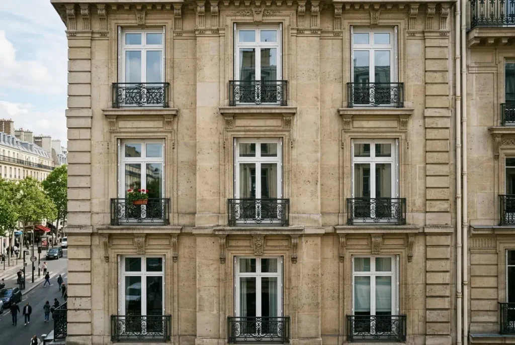 Façade d’immeuble Haussmannien à fenêtres identiques, balcons en fer forgé et sculptures encastrées. Altération autorisée selon le changement de fenêtre à lidentique copropriété.