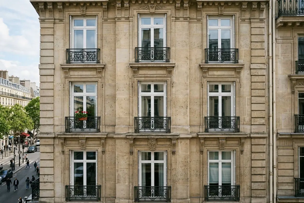 Façade d’immeuble Haussmannien à fenêtres identiques, balcons en fer forgé et sculptures encastrées. Altération autorisée selon le changement de fenêtre à lidentique copropriété.