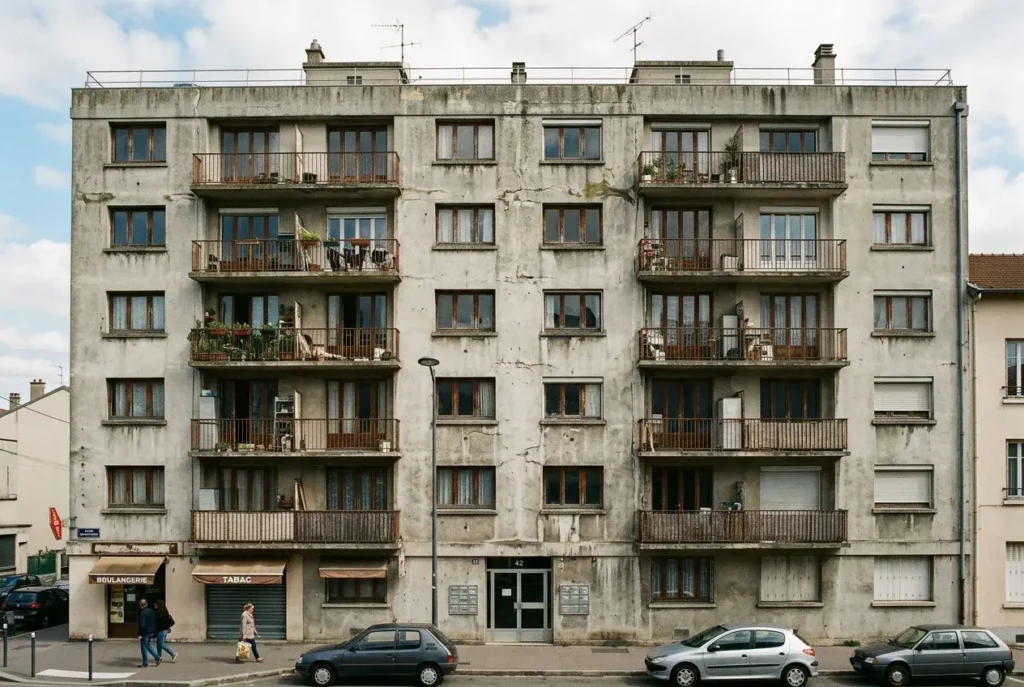 Façade d’immeuble résidentiel ancien, avec plusieurs balcons et façades grisées; rue avec voitures et commerces au rez-de-chaussée. Intègre le concept de passer d'un dpe e à d dans votre appartement.