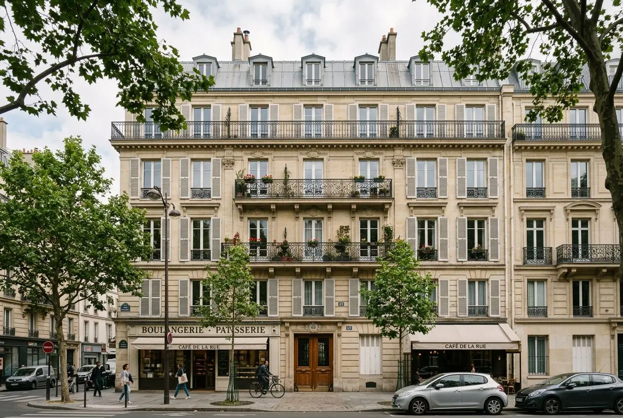Immeuble parisien en monopropriété avec commerces au rez-de-chaussée et façades parallèles, arbres et voitures sur rue. dpe immeuble monopropriété vente