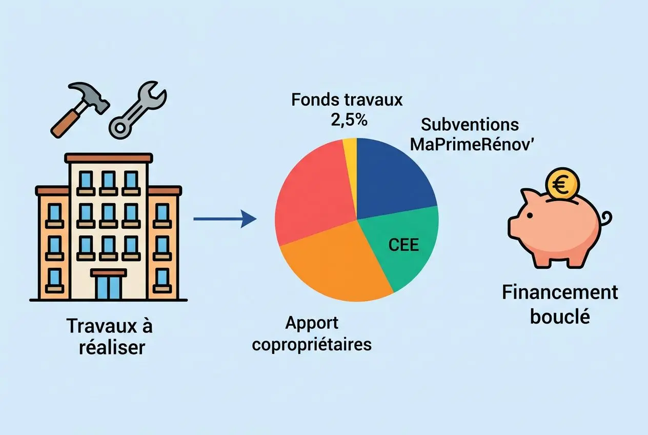 Plan pluriannuel de travaux: schéma montrant travaux à réaliser, contributions des copropriétaires, financement bloqué et répartition entre fonds travaux, subventions et apport CEE. intégration du plan travaux syndic ou le voter.