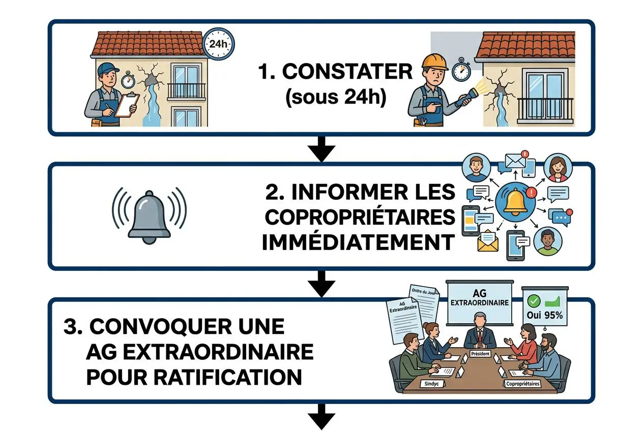 Procédure graphique illustrant des travaux d’urgence en copropriété: constatation sous 24h, information des copropriétaires et convocation d’une AG extraordinaire pour ratification.