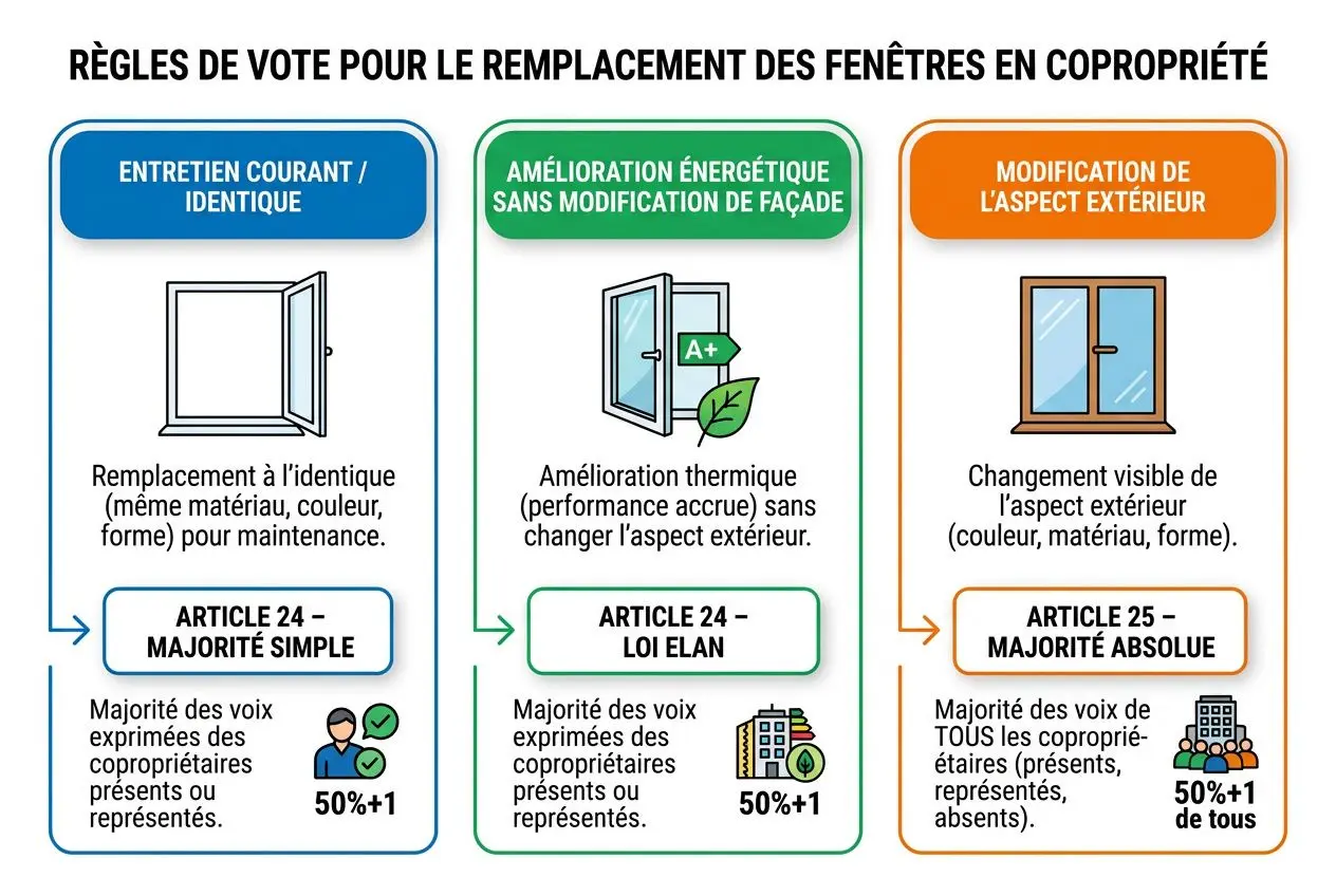 RÈGLES DE VOTE POUR LE REMPLACEMENT DES FENÊTRES EN COPROPRIÉTÉ: illustration avec trois panneaux sur l’entretien courant/identique, amélioration énergétique et modification de l’aspect extérieur.