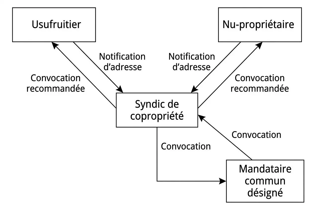 Schéma illustrant les votes en copropriété : usufruitier et nu-propriétaire via le syndicat de copropriété, avec mandataire désigné, notification et convocations. vote assemblée générale copropriété usufruitier