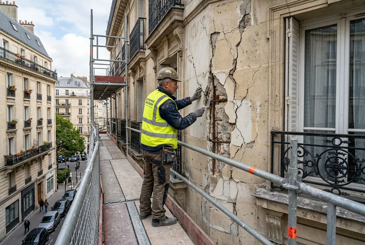 Travaux urgents copropriété article loi : agent sur scène d’échafaudage face à façade fissurée, relevé et réparation du bâtiment.